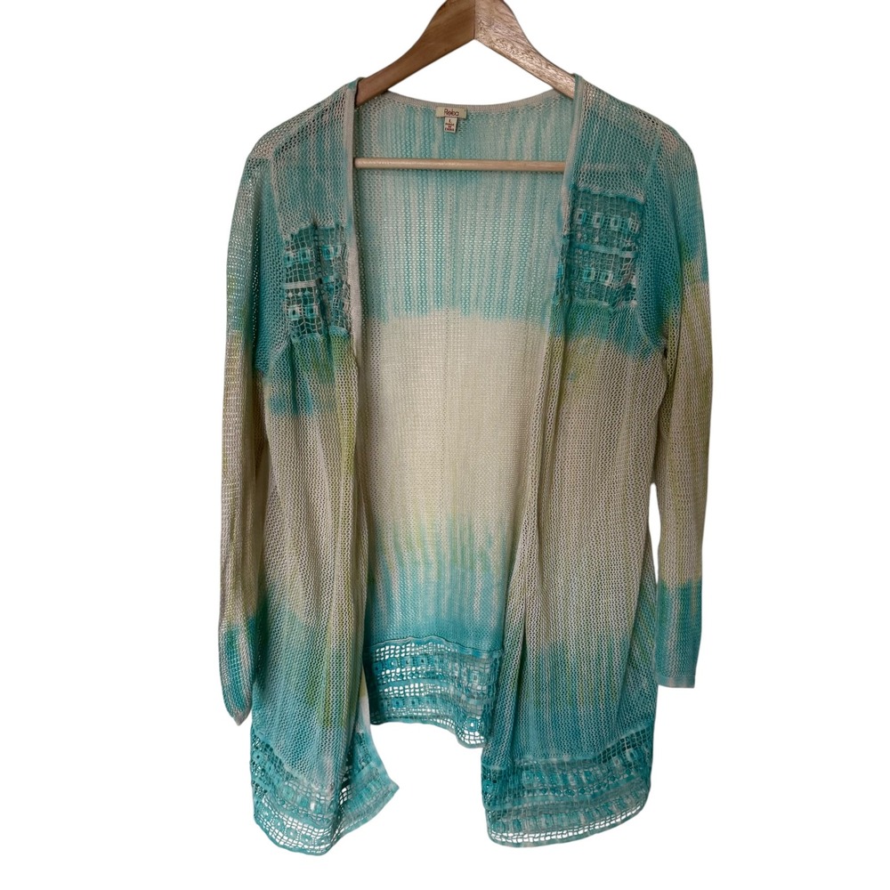 Reba Cardigan Womens Large Turquoise Green Tie Dye Excellent Boho Crochet Lace